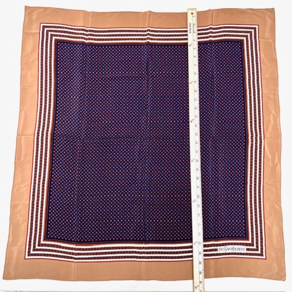 Beautiful Yves Saint Laurent  Silk Satin Scarf 31" Brown purple square Dots  (26 - Picture 9 of 12